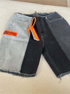 Heron Preston Two-Tone Gray and Black Denim Shorts with Orange Tag